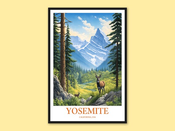 Yosemite Deer Snowy Peaks Wildlife Watercolor National Park Poster