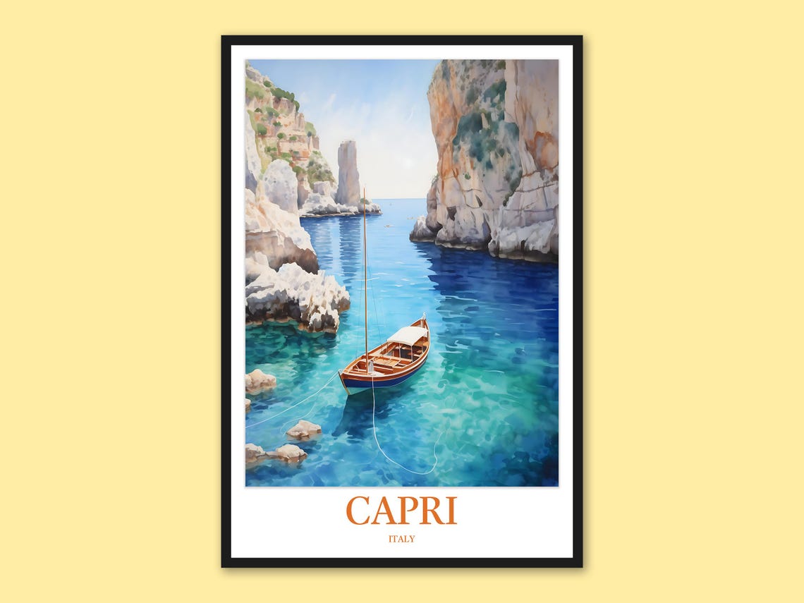 Capri Italy Mediterranean Boat Cove Turquoise Water Travel Poster