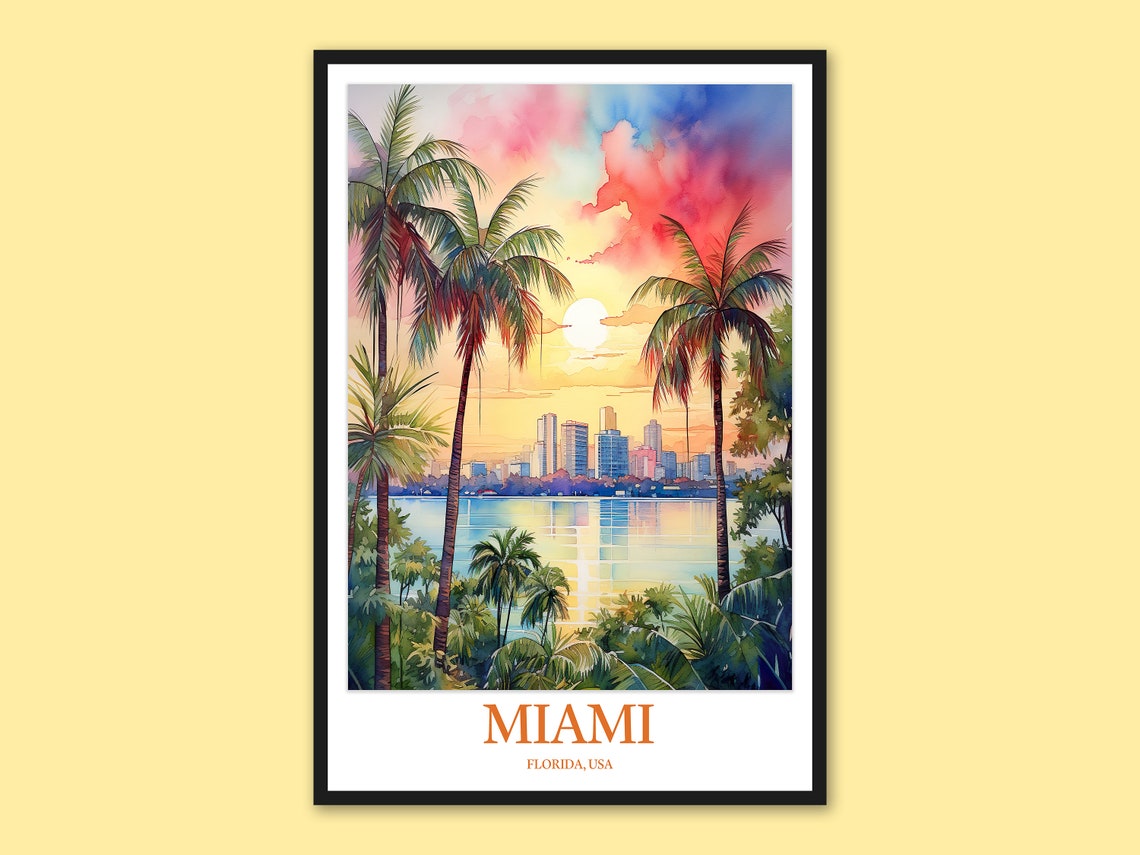 Miami Florida Watercolor Palm Tree Skyline Sunset Beach Poster