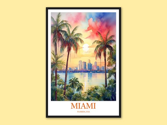 Miami Florida Watercolor Palm Tree Skyline Sunset Beach Poster