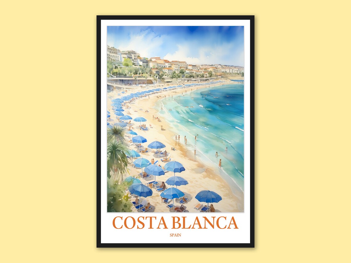 Costa Blanca Spain Blue Umbrella Beach Watercolor Travel Poster
