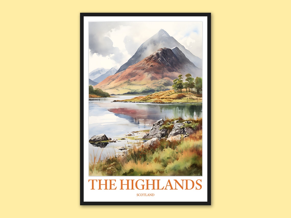Scottish Highlands Red Mountain Loch Reflection Travel Poster