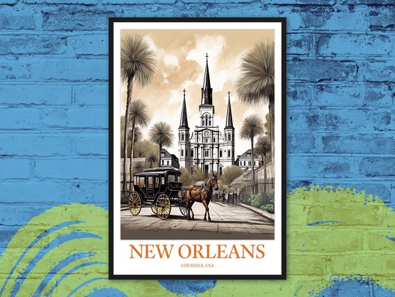 New Orleans Louisiana Horse Carriage Cathedral Vintage Style Poster