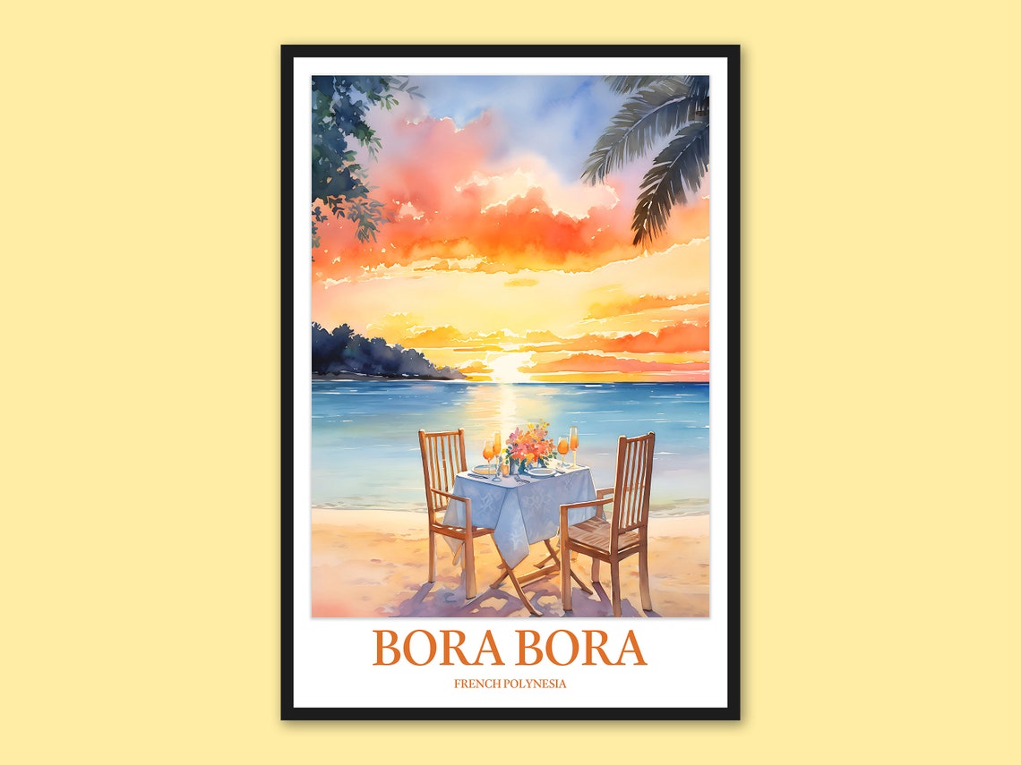 Bora Bora French Polynesia Sunset Beach Dinner Watercolor Poster