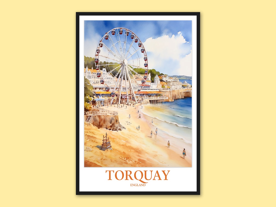 Torquay Ferris Wheel by the Pier Sandy Beach Watercolor Poster