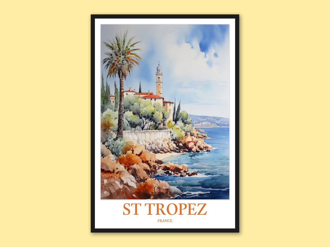 St Tropez Palm Tree Rocky Coast Mediterranean Watercolor Poster