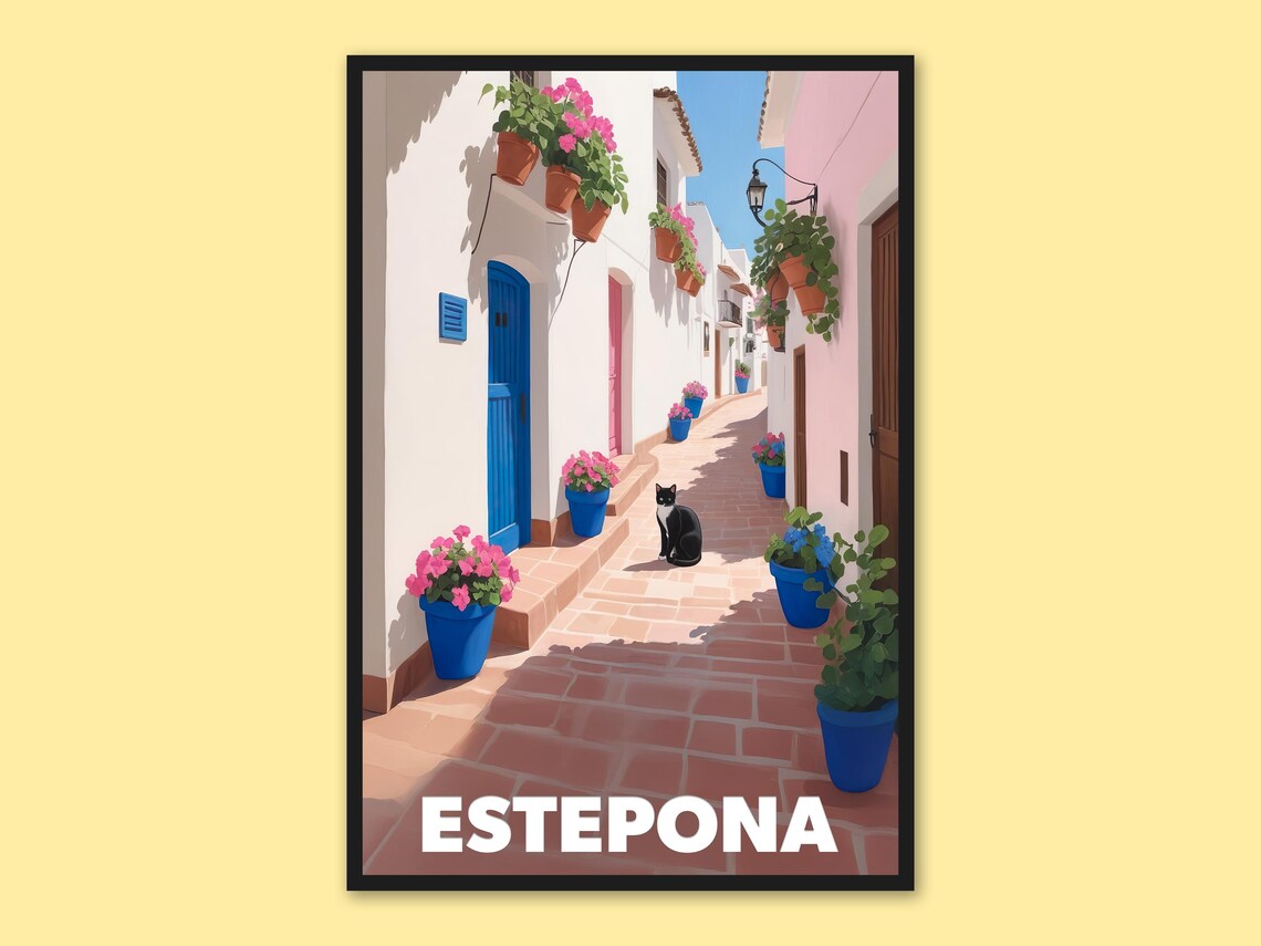 Estepona Spain Andalusian Flower Street Black Cat Travel Poster