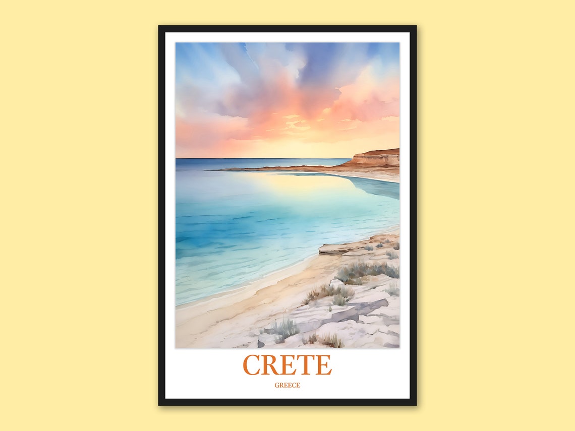 Crete Greece Sunset Turquoise Beach Watercolor Travel Poster