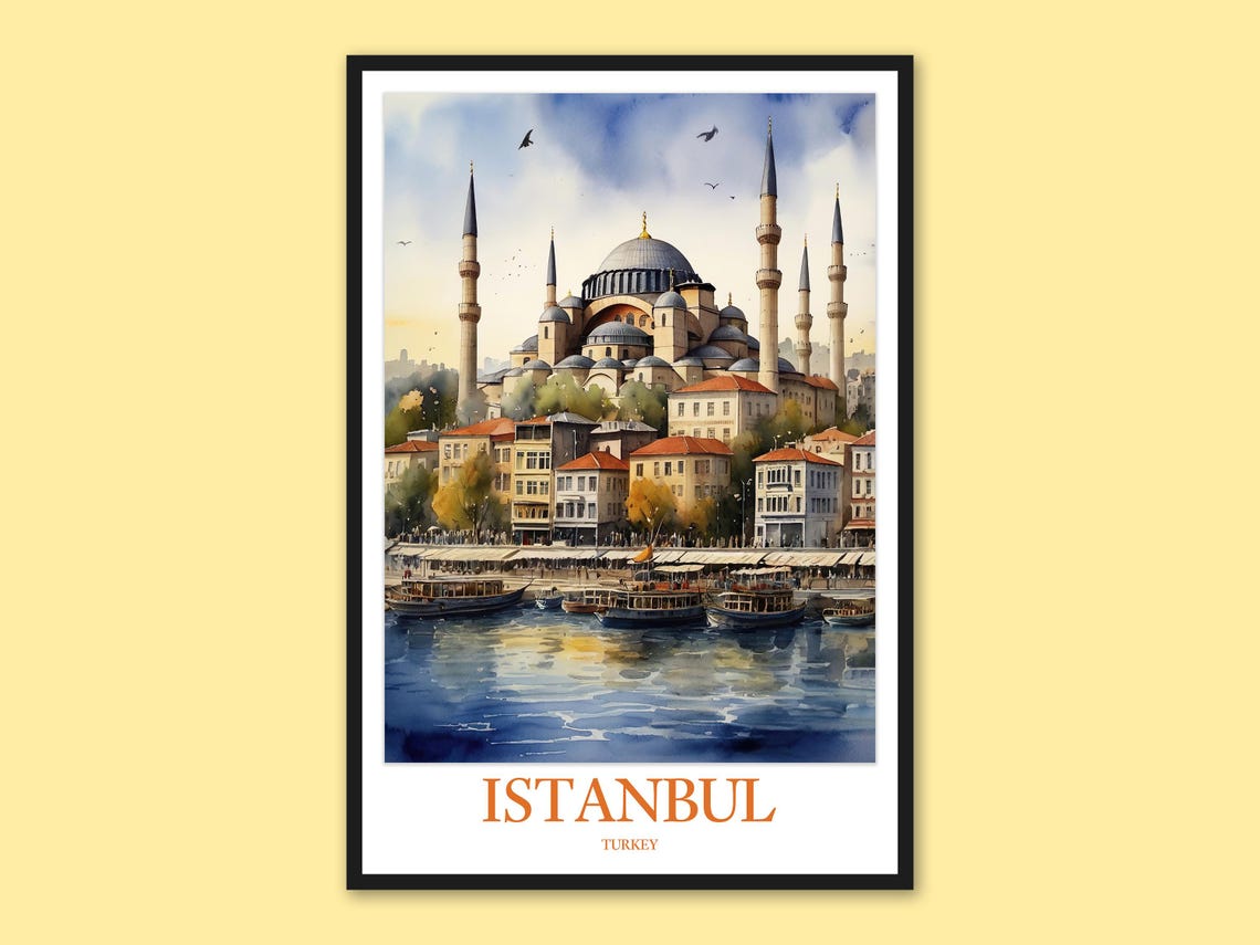 Istanbul Blue Mosque over the Golden Horn Harbor Watercolor Poster