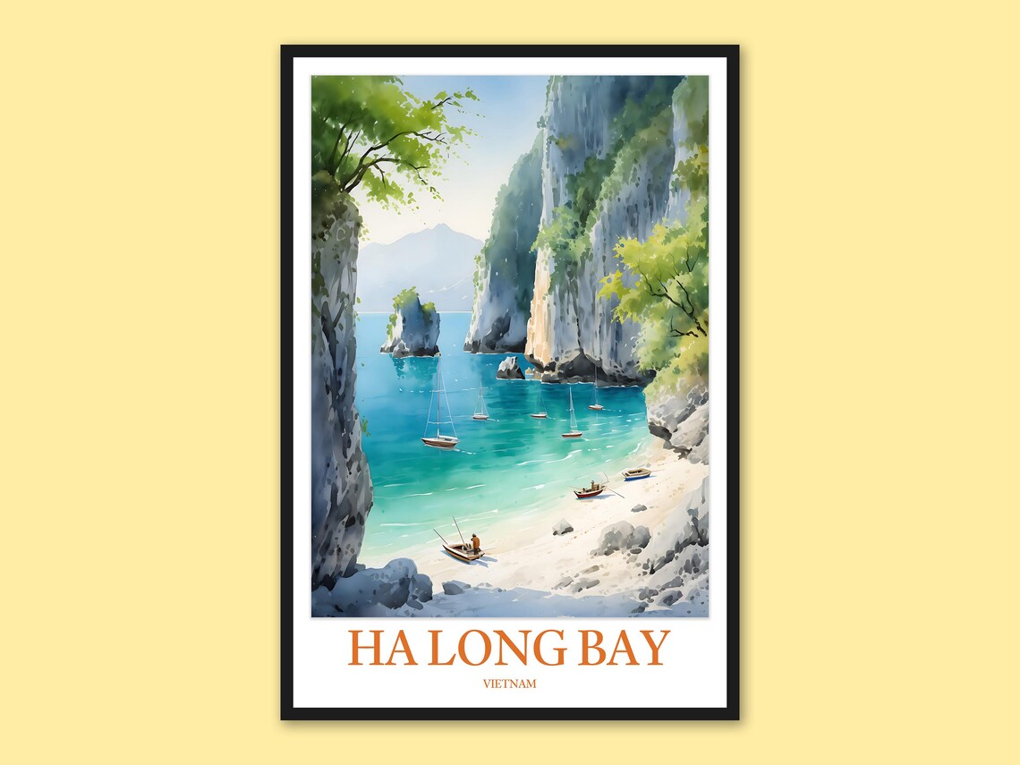 Ha Long Bay Vietnam Anchored Sailboats Hidden Cove Travel Poster