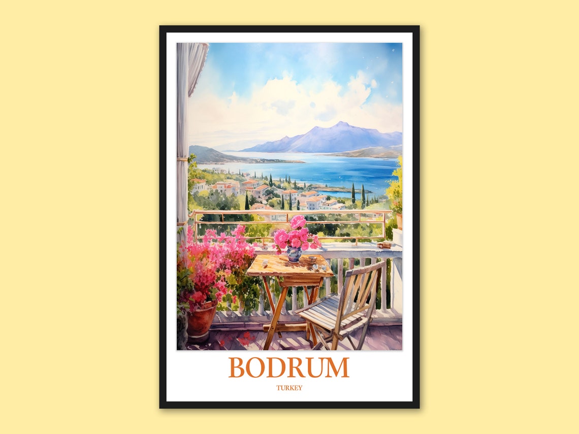 Bodrum Seaside Balcony Table View Turkey Watercolor Travel Poster