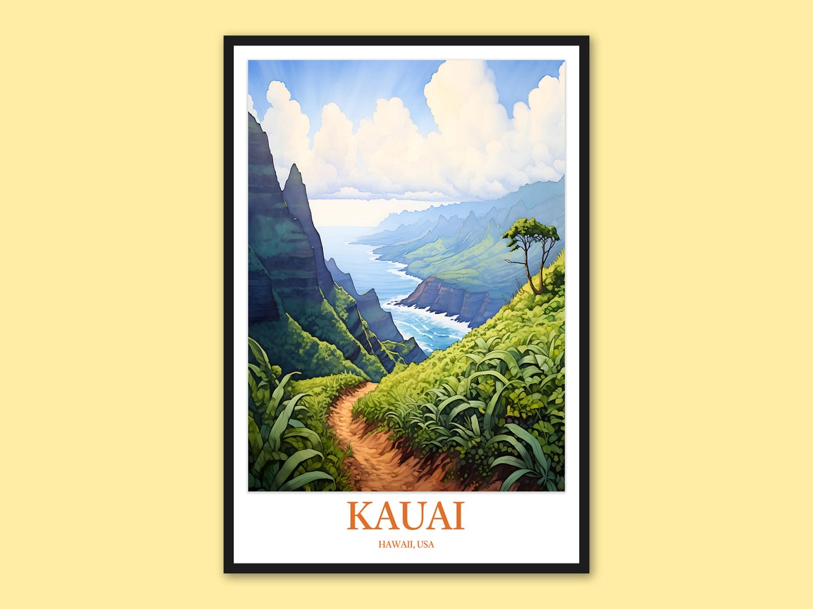 Kauai Hawaii Winding Jungle Path Green Cliffs Watercolor Travel Poster