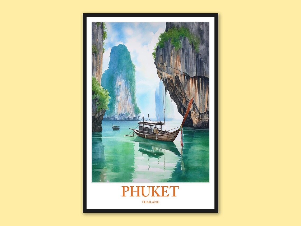 Phuket Thailand Soaring Karst Towers Lagoon Watercolor Travel Poster