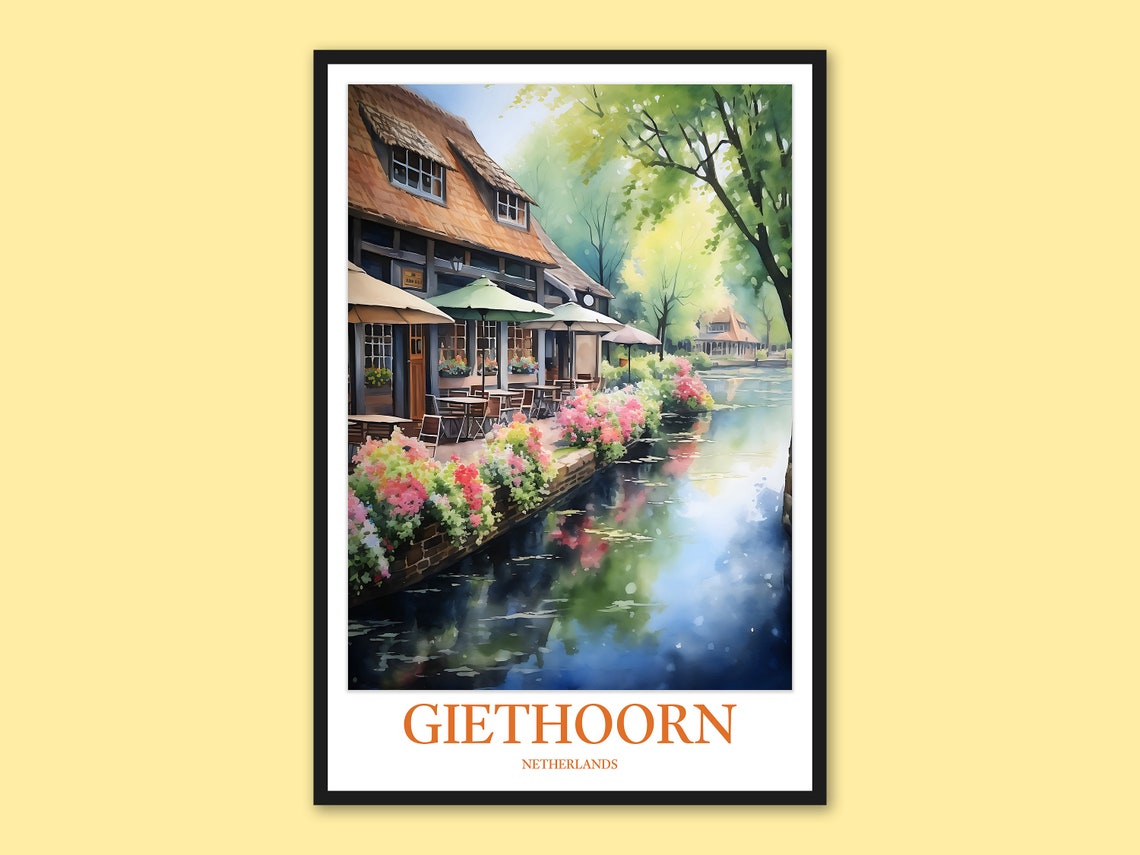Giethoorn Netherlands Canal Side Cafe Flower Waterfront Poster Art