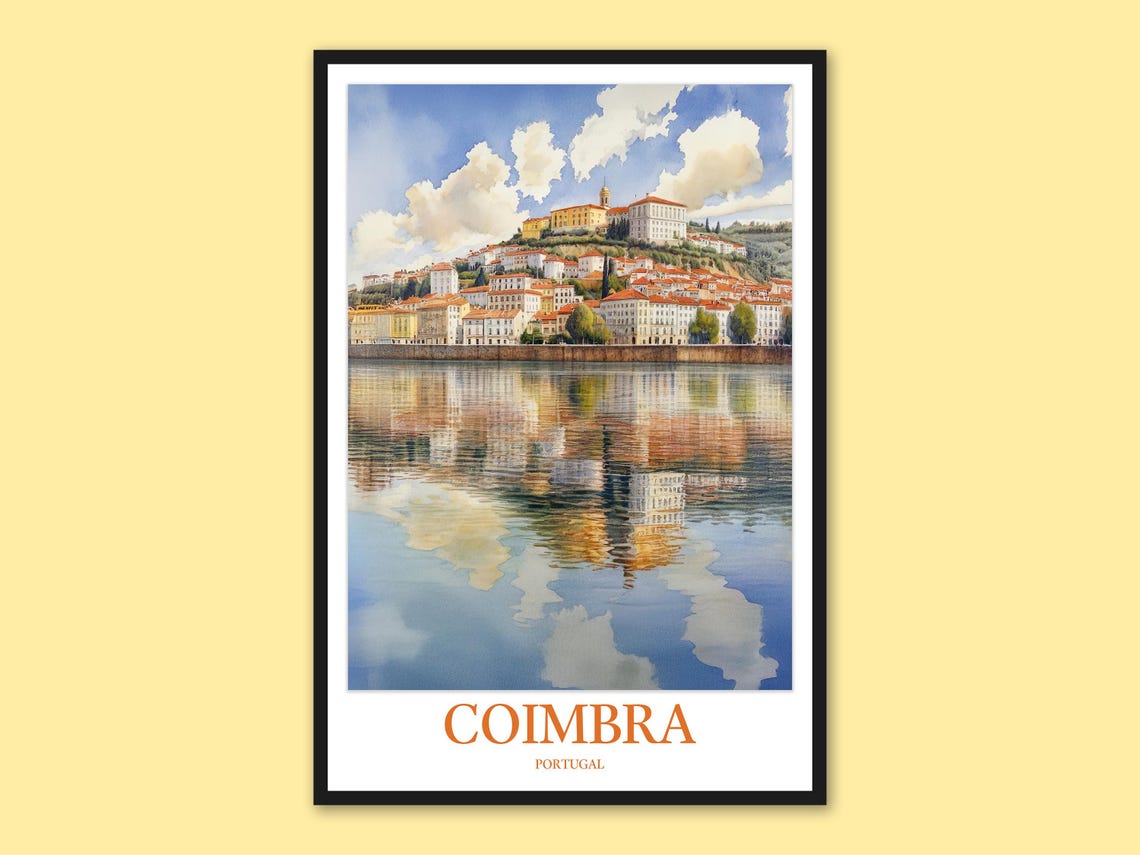 Coimbra Portugal Hillside City River Reflection Watercolor Poster