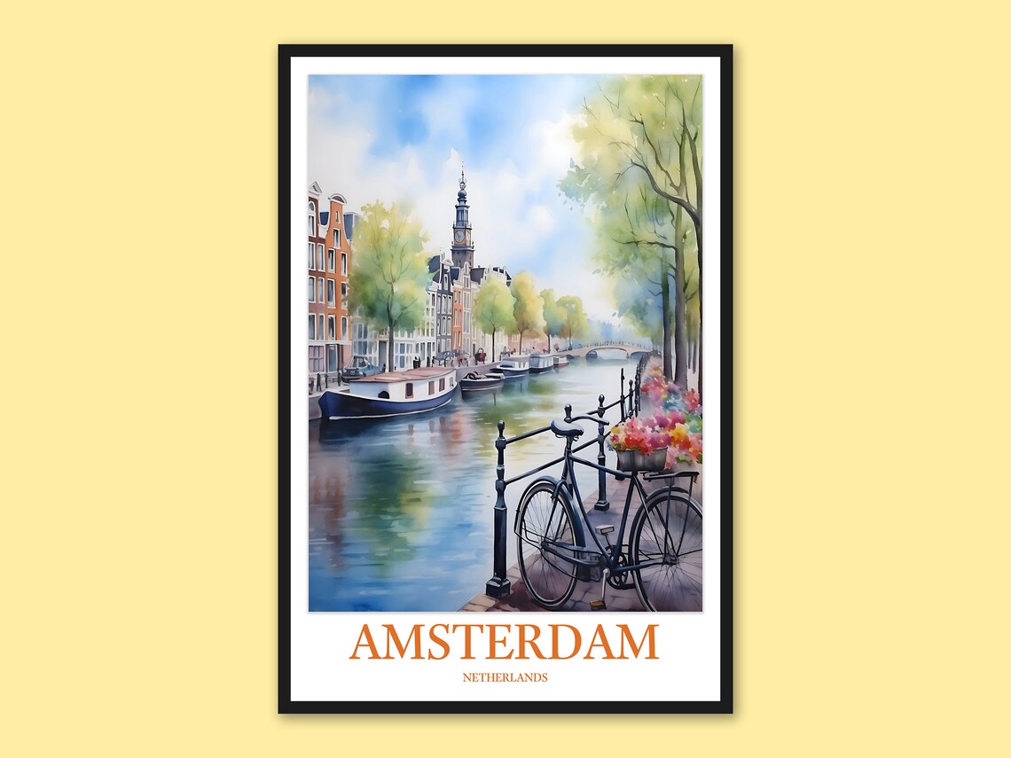 Amsterdam Netherlands Canal Boats and Bicycle Watercolor Travel Poster