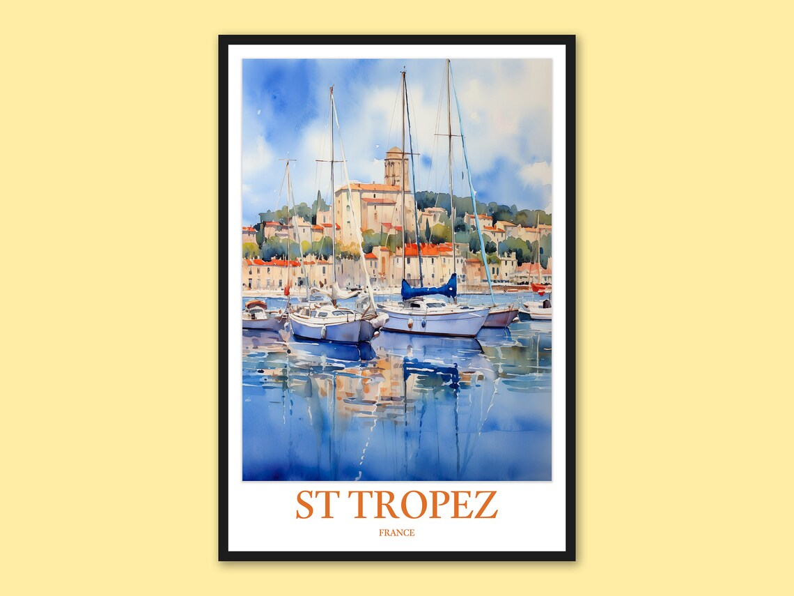 St Tropez France Blue Bay Sailboats on Calm Water Travel Print