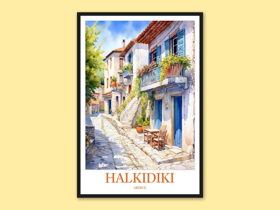 Halkidiki Greece Afitos Village Cobblestone Street Travel Poster