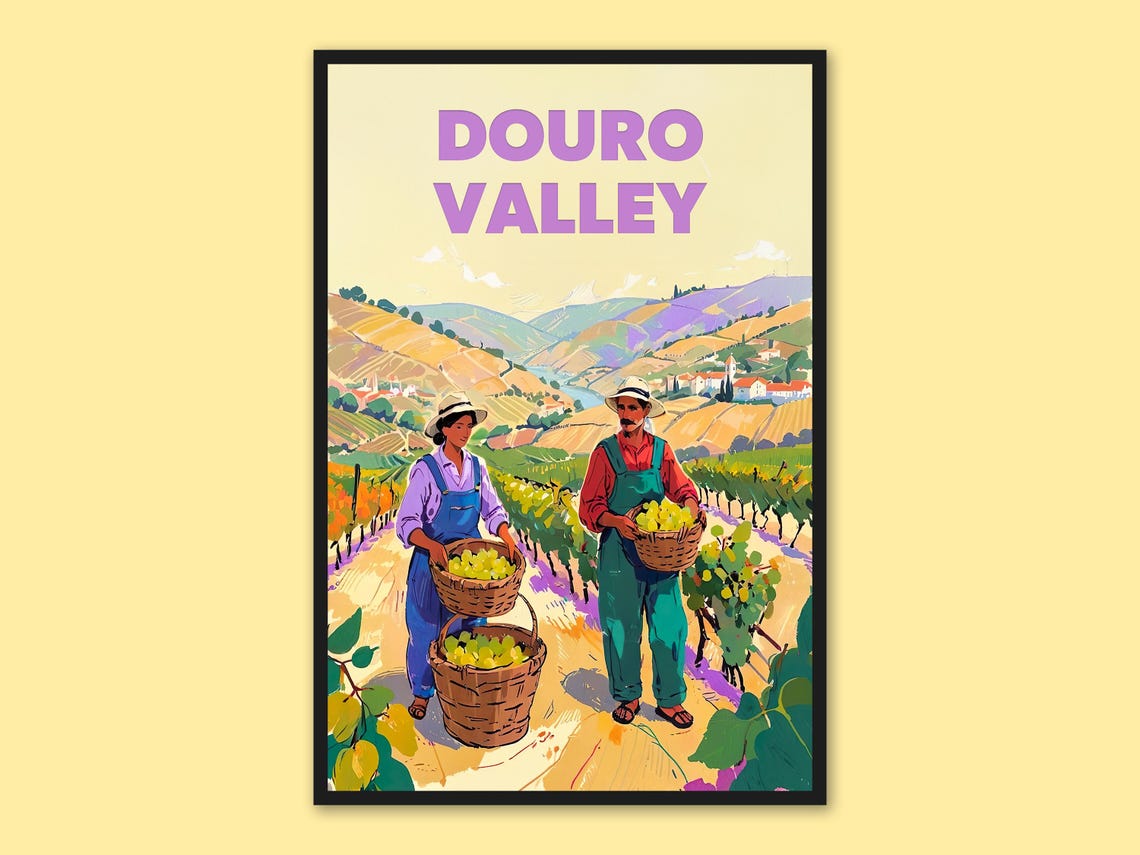 Douro Valley Portugal Grape Harvest Workers Scene Travel Poster