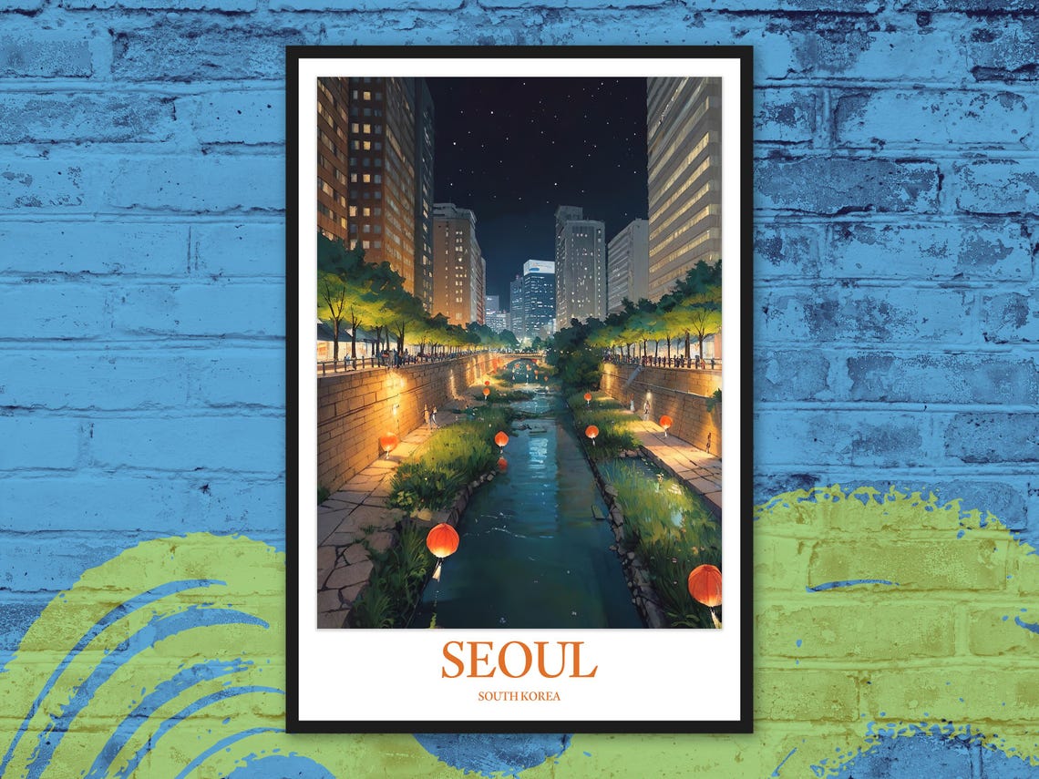 Seoul Night Red Cheonggyecheon Stream Lanterns Travel Poster