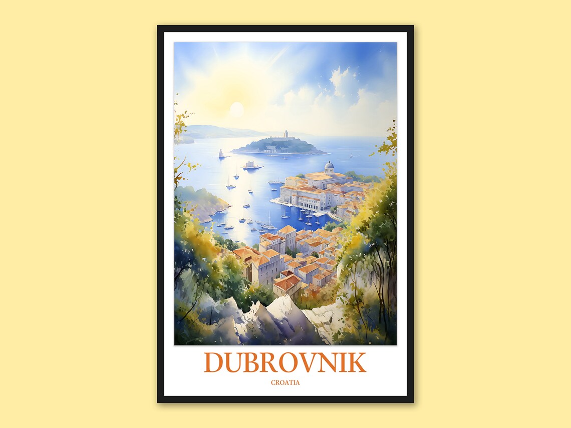 Dubrovnik Croatia Old Harbor Sailboats Island View Watercolor Poster