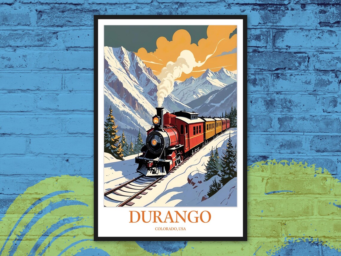 Durango Colorado Winter Steam Train Snowy Sunset Mountains Travel Poster