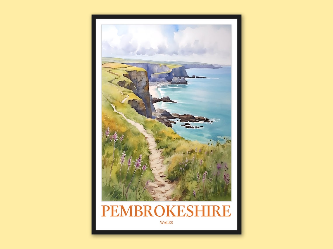 Pembrokeshire Coast Wales Cliff Top Path Travel Poster Wildflowers