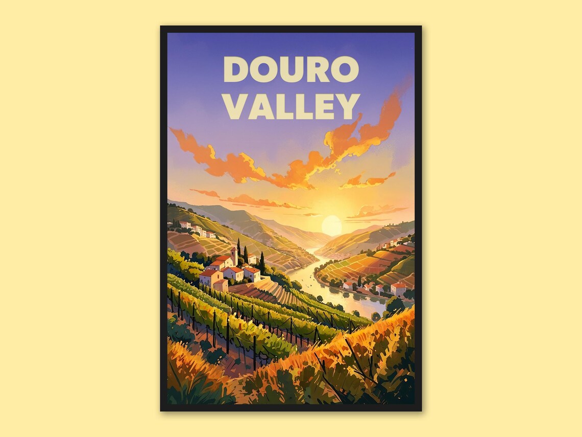 Douro Valley Portugal Golden Sunset Over Vineyard Hills Travel Poster