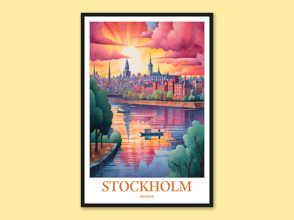 Stockholm Sweden Sunset Skyline Lake Reflection Travel Poster