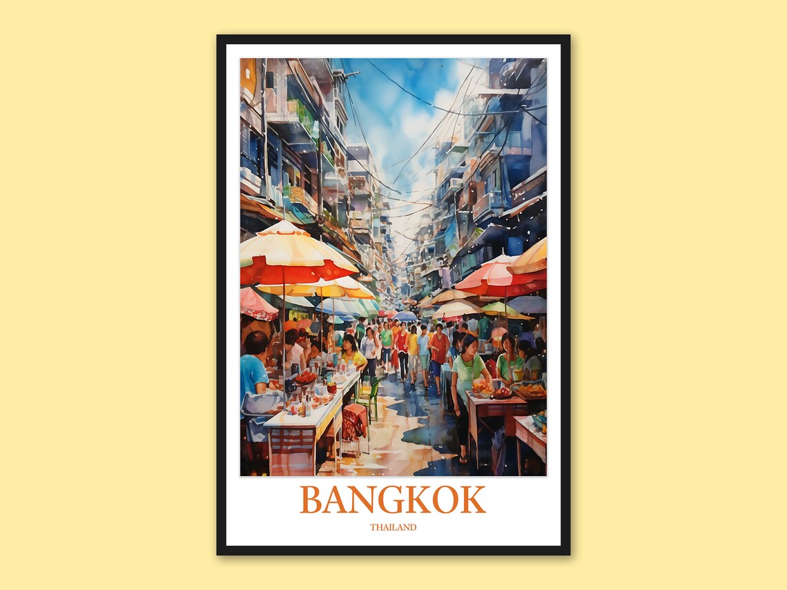Bangkok Thailand Watercolor Street Market Scene with Umbrellas Poster