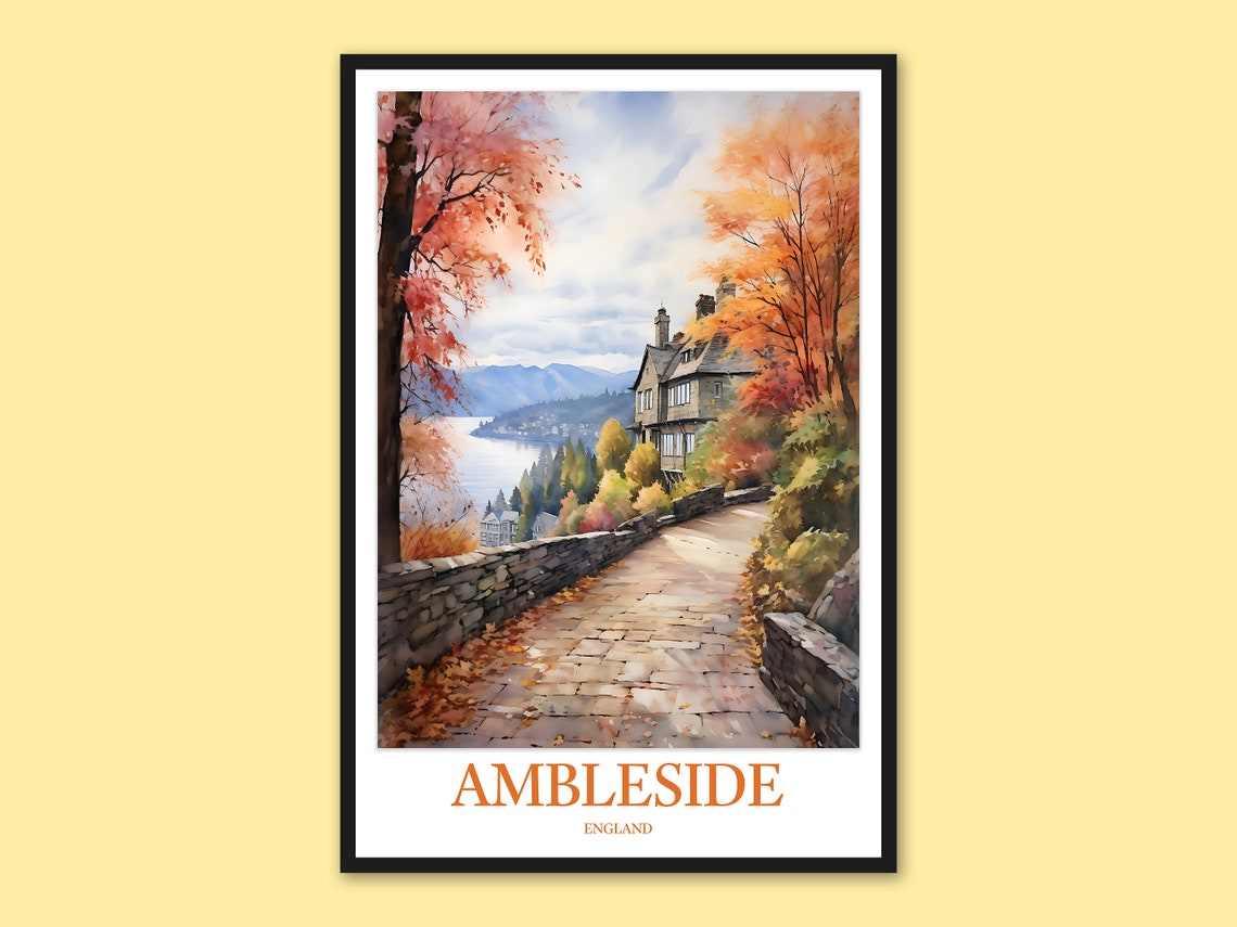 Ambleside England Stone Lane Autumn Lake Fell View Art Poster