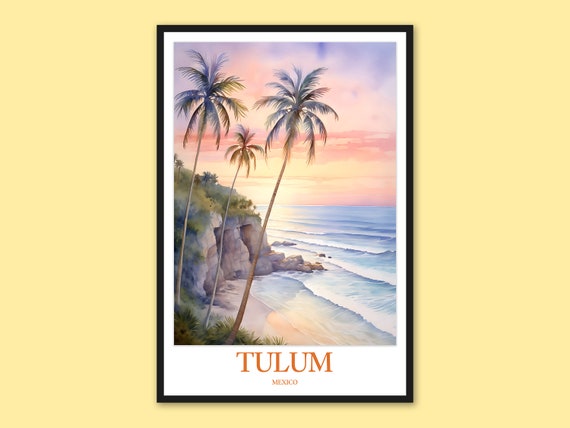 Tulum Beach Print Mexico Travel Poster Palm Tree Sunset Art