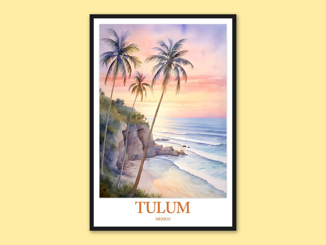 Tulum Beach Print Mexico Travel Poster Palm Tree Sunset Art