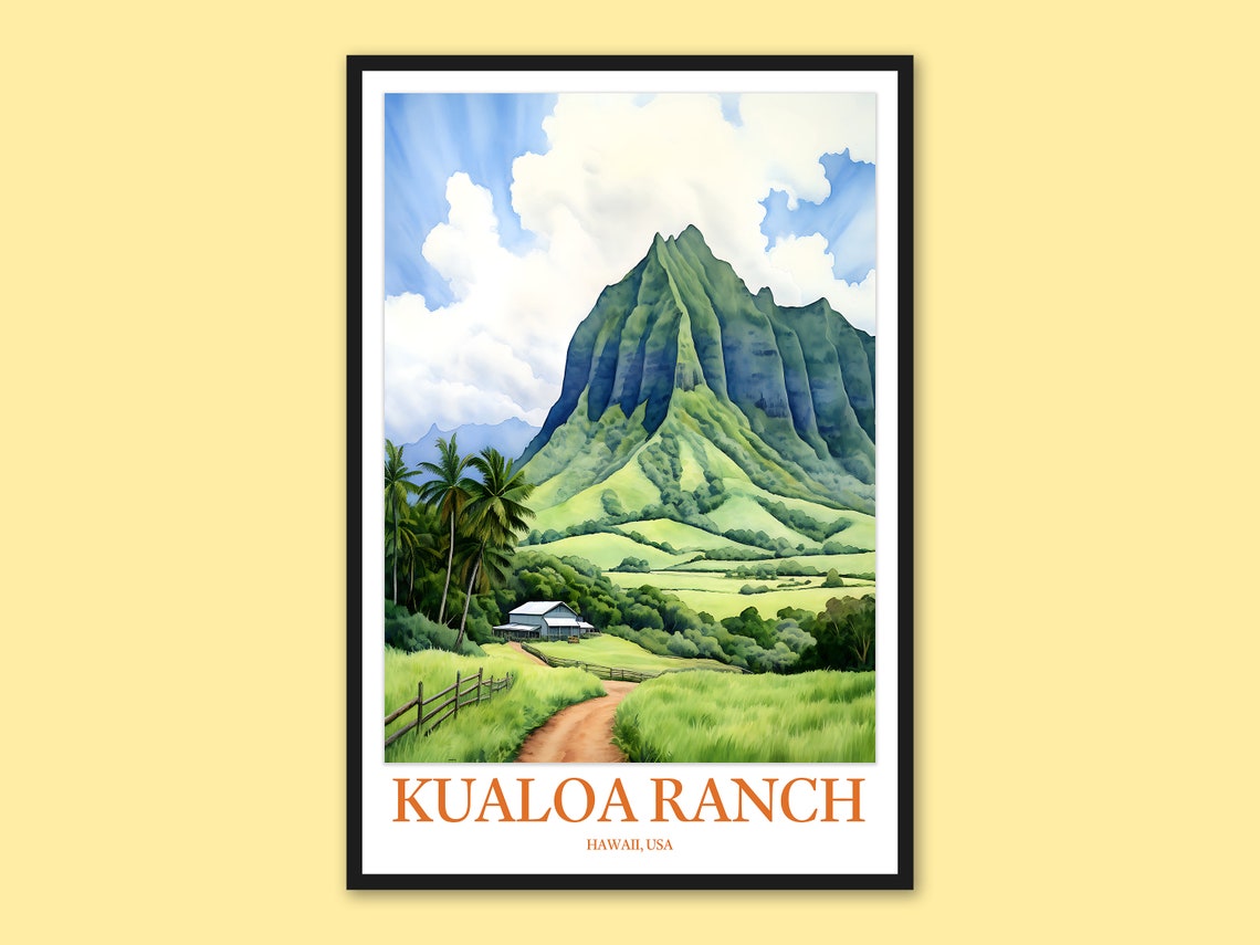Kualoa Ranch Hawaii Mountain Dirt Road Watercolor Travel Poster