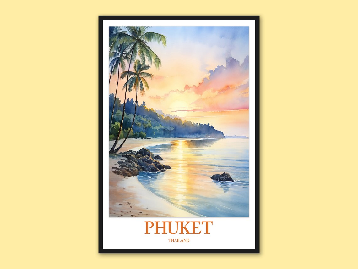 Phuket Thailand Dreamy Sunset Palm Beach Watercolor Travel Poster