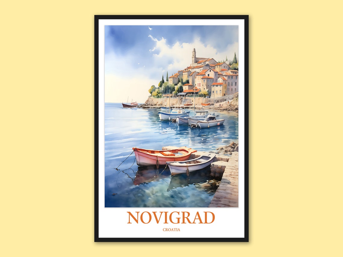 Novigrad Croatia Harbor Watercolor Travel Poster with Rowboats at Pier