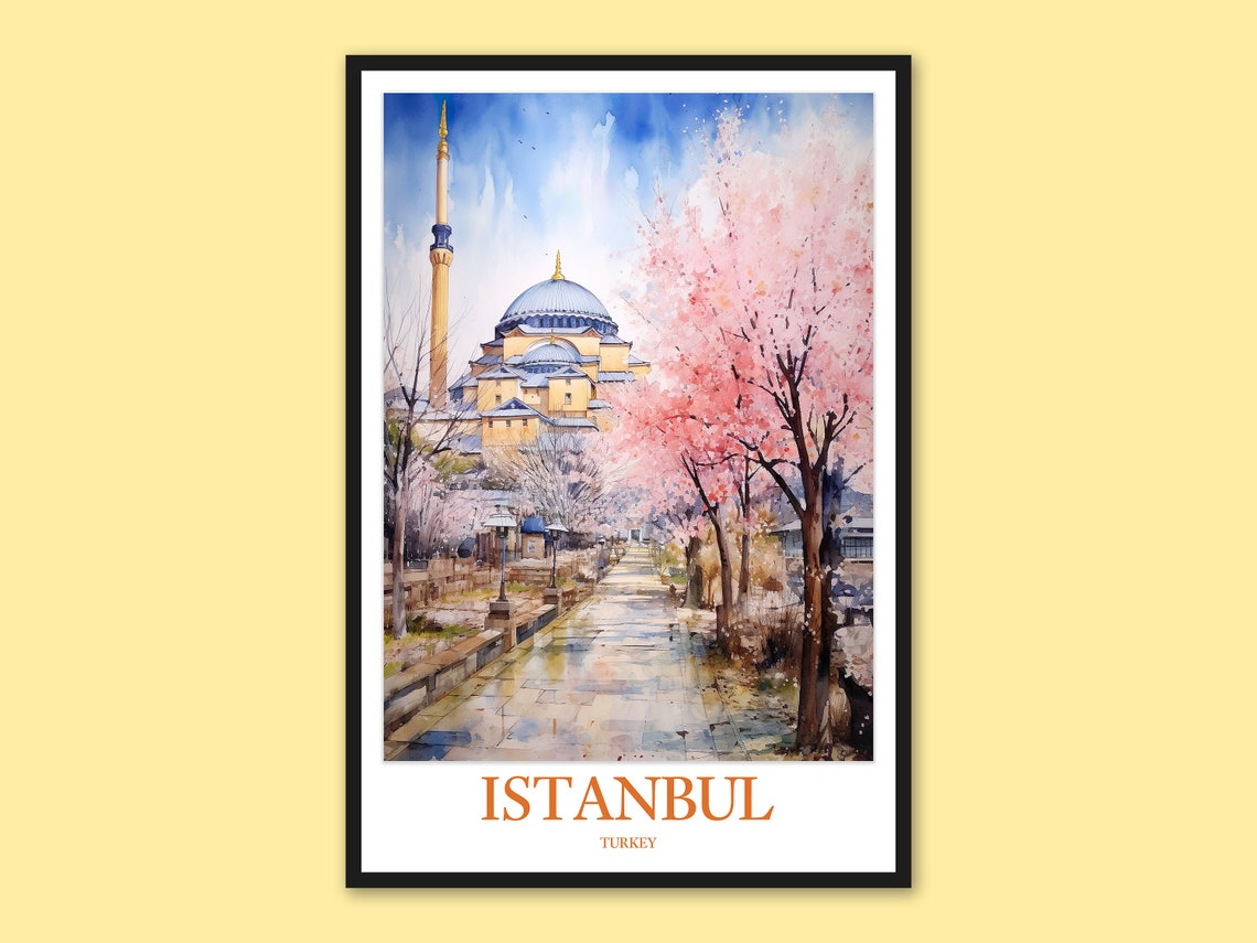 Istanbul Mosque Watercolor Garden Pond Cityscape Travel Poster