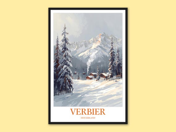 Verbier Mountain Poster Ski Lift And Snowy Landscape Wall Art