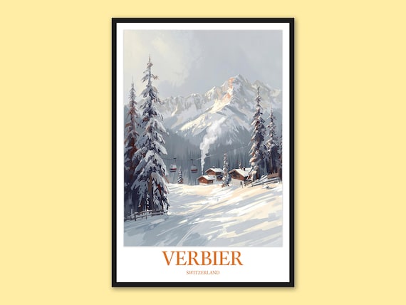 Verbier Switzerland Ski Lift Gondola Mountain Winter Travel Poster