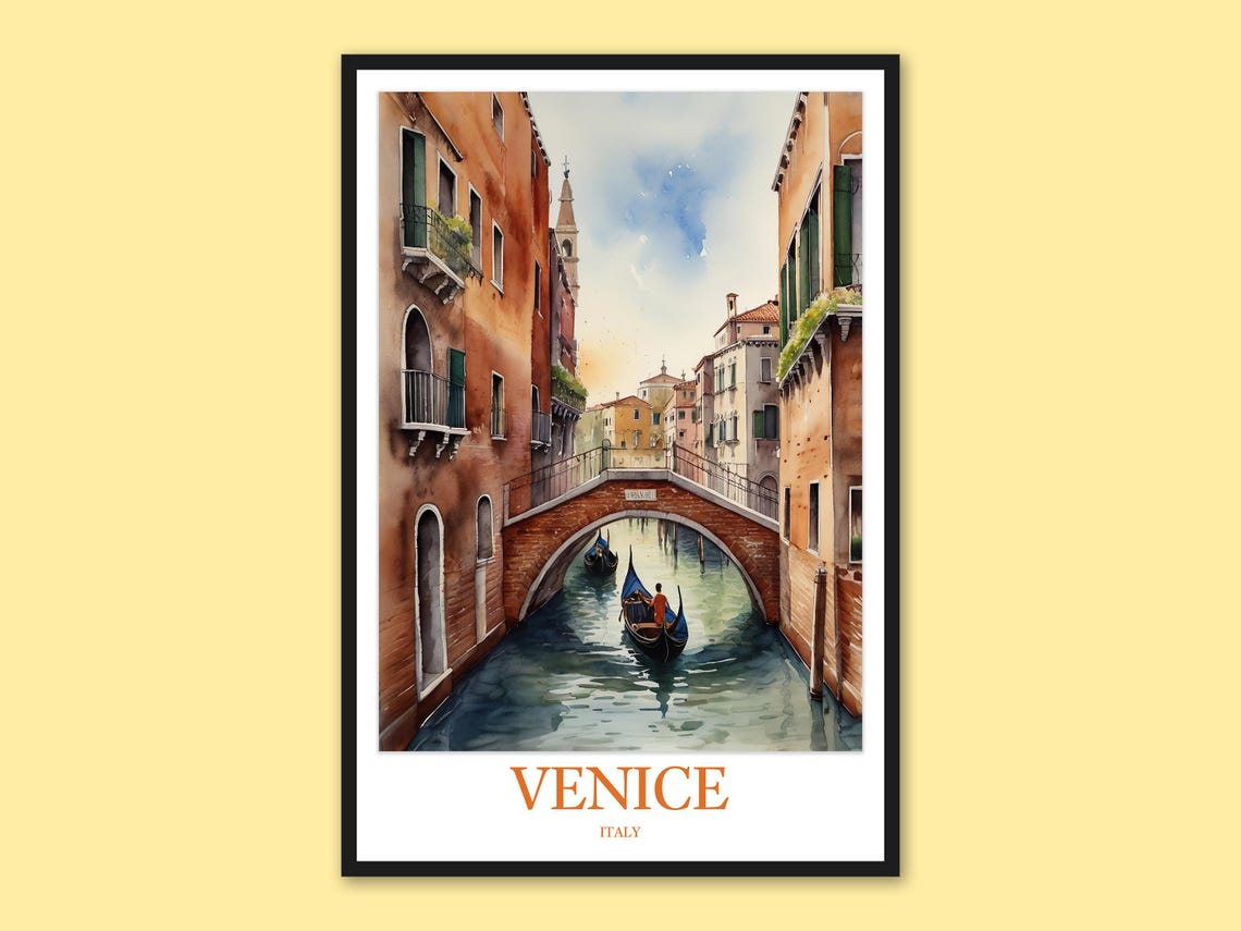 Venice Canal Gondolas Under Stone Bridge Watercolor Travel Poster