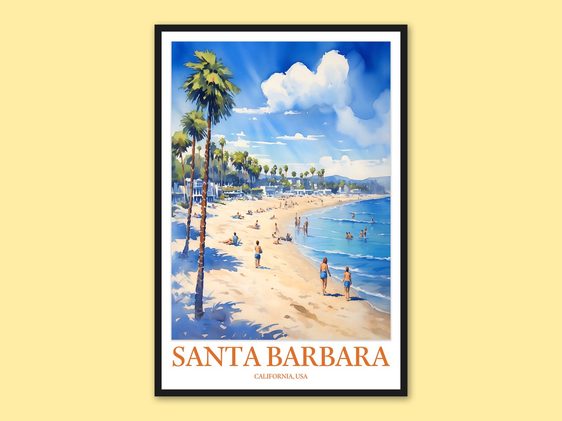 Santa Barbara Palm Lined Shoreline Watercolor Beach Travel Poster