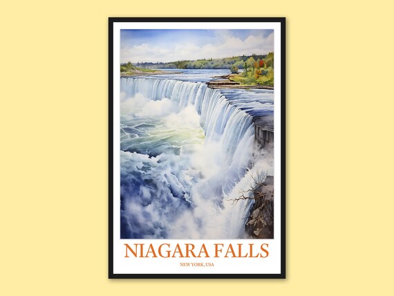 Niagara Falls New York Misty Falls Wide View Watercolor Travel Poster
