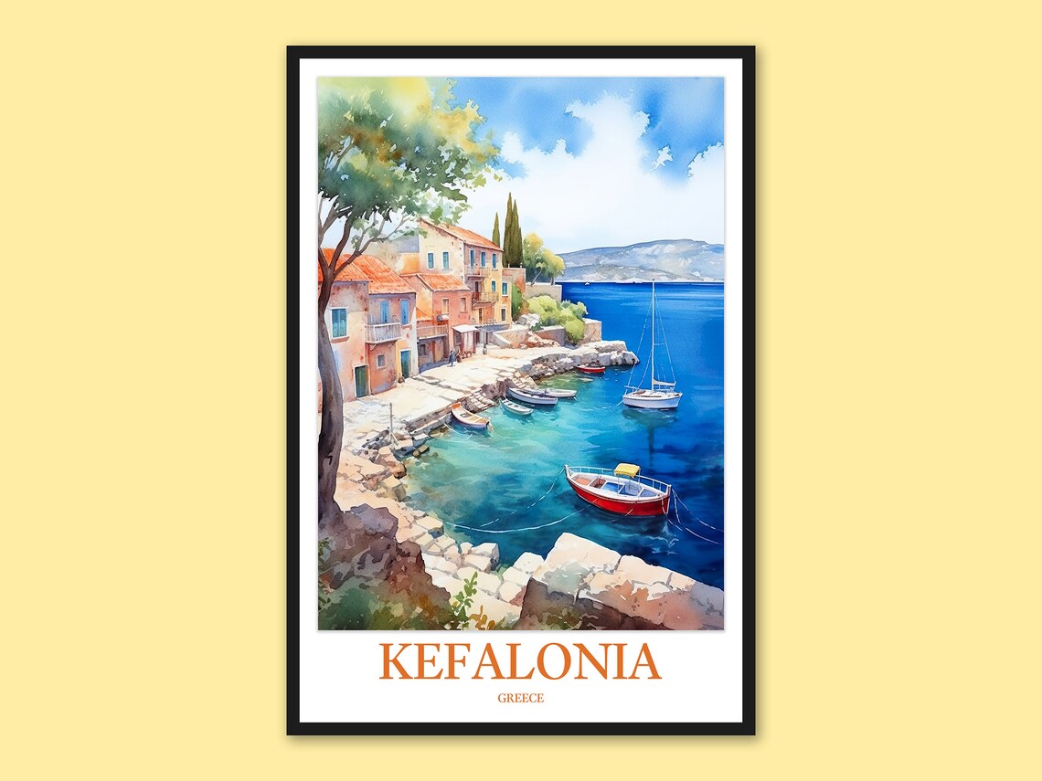Kefalonia Greece Fishing Harbor Boats Watercolor Travel Poster