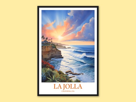 La Jolla Fiery Sunset Waves Crashing Against The Cliffs Poster Art