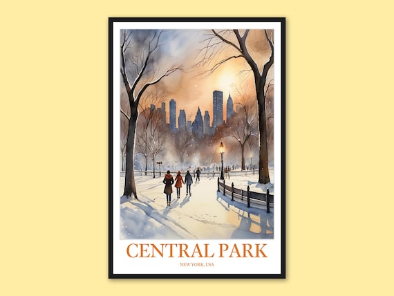 Central Park Snowy Sunset Path With Walkers New York Travel Poster