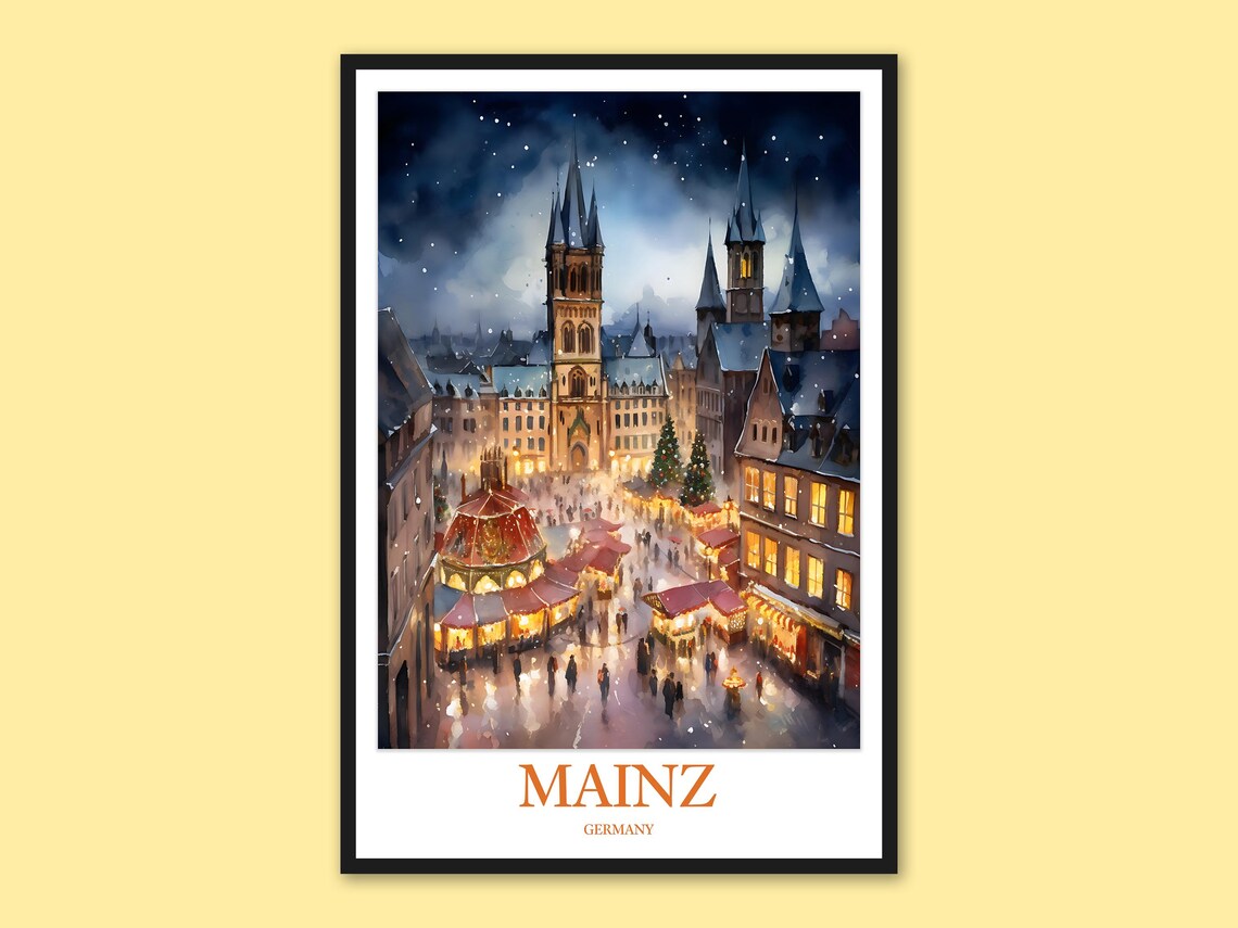 Mainz Germany Christmas Market Snowy Night Watercolor Travel Poster