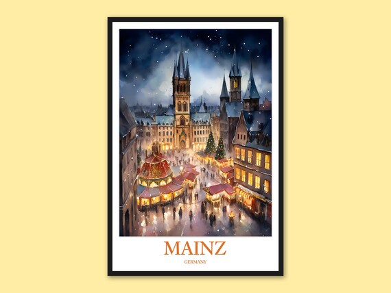 Mainz Germany Christmas Market Snowy Night Watercolor Travel Poster