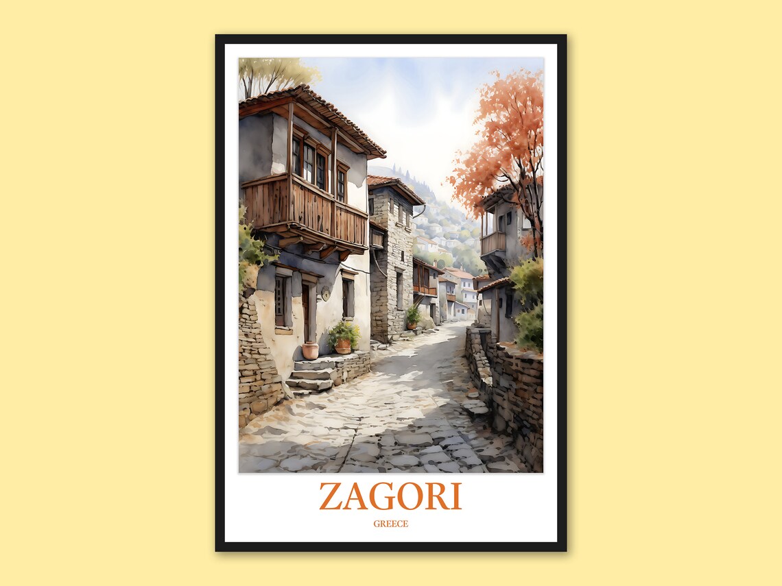 Zagori Greece Rustic Mountain Village Stone Lane Watercolor Poster