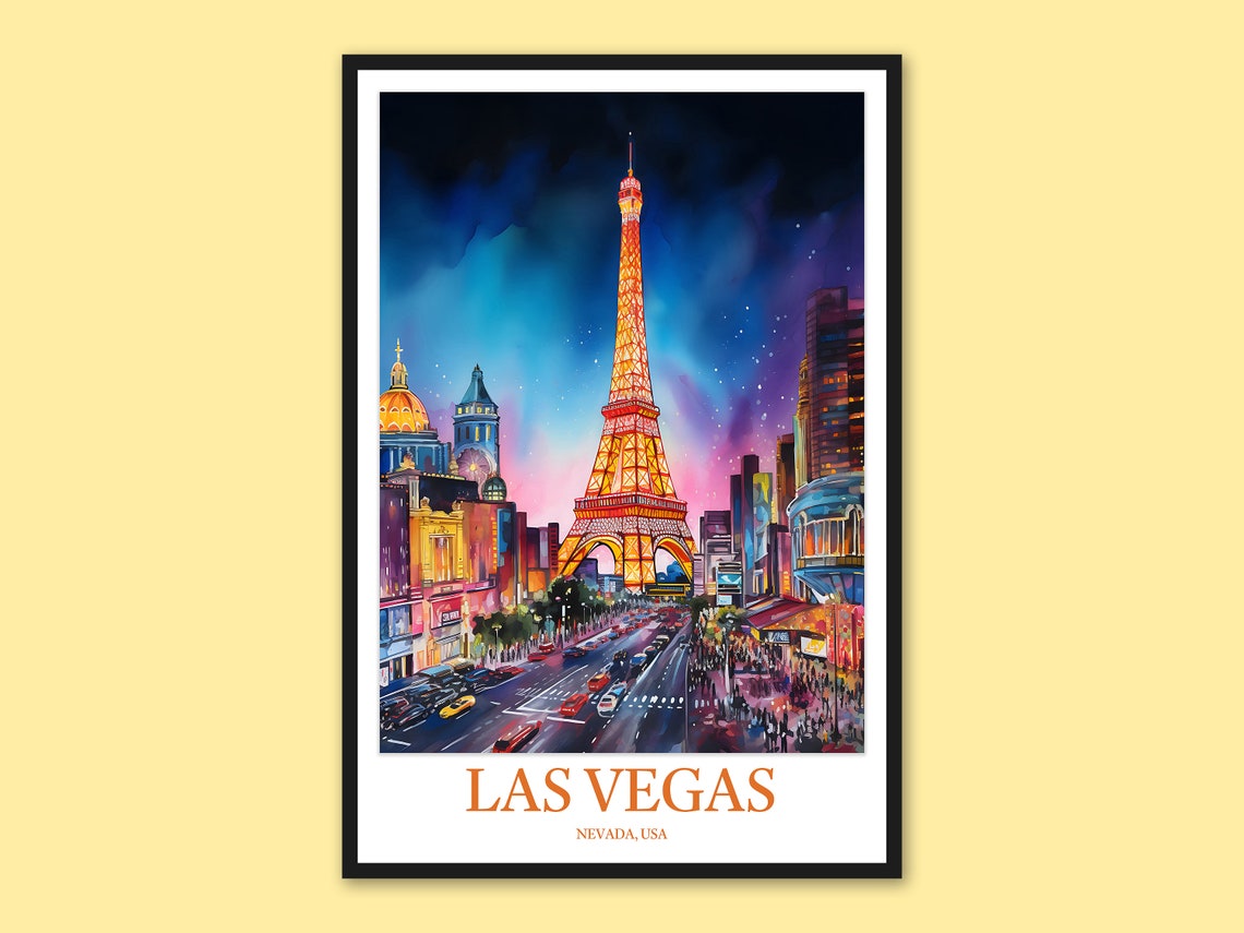 Las Vegas Eiffel Tower Purple Night Sky Strip Watercolor Poster