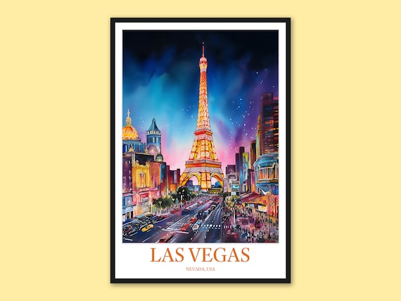 Las Vegas Eiffel Tower Purple Night Sky Strip Watercolor Poster